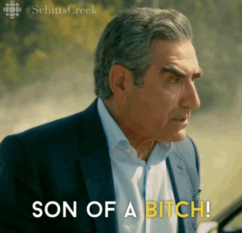 A man in a suit has a surprised expression with text overlay: "Son of a bitch!" from a TV show scene