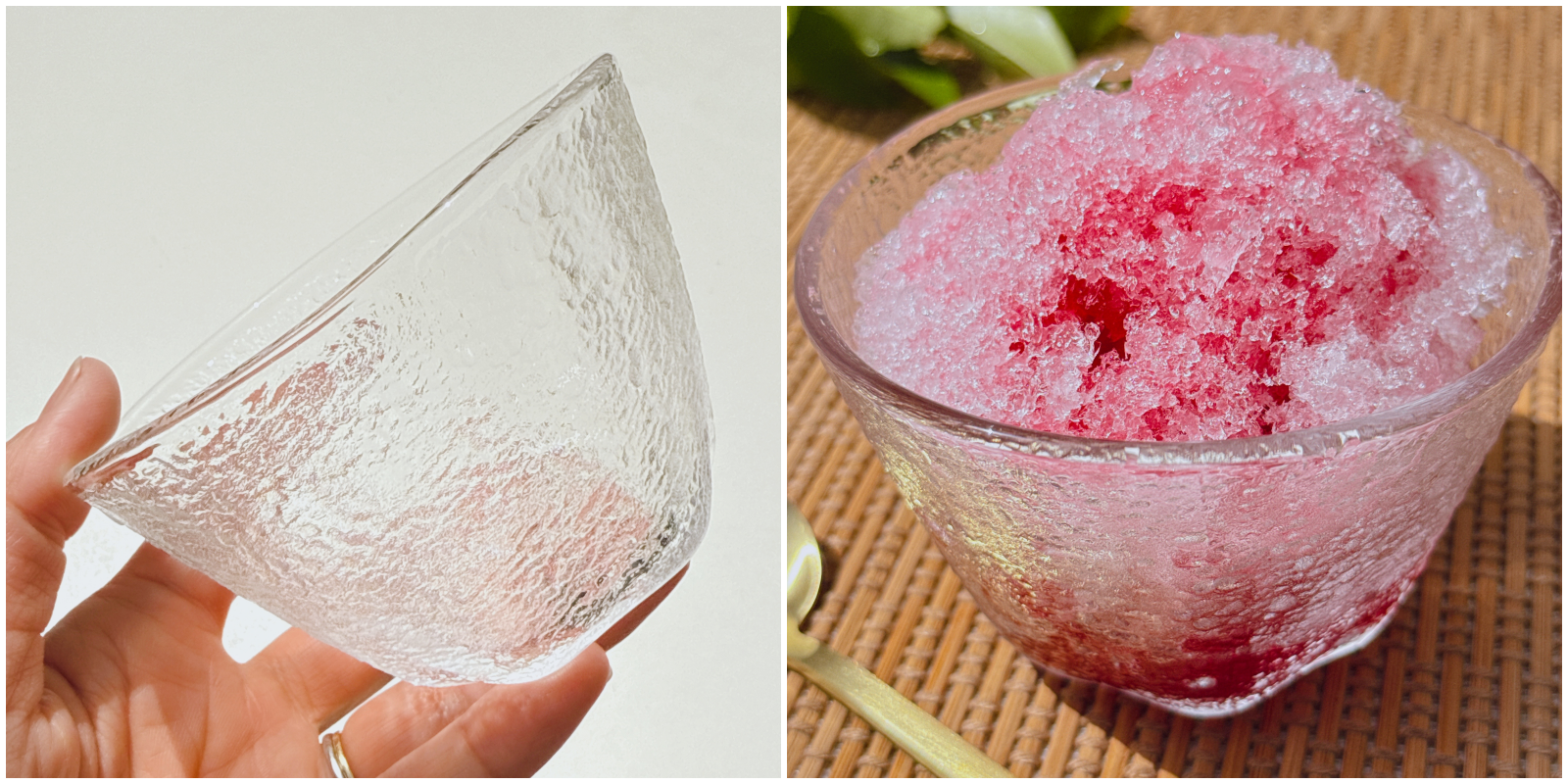 手に持った透明なガラスの器と、赤いシロップがかかったかき氷が入った同じ器。