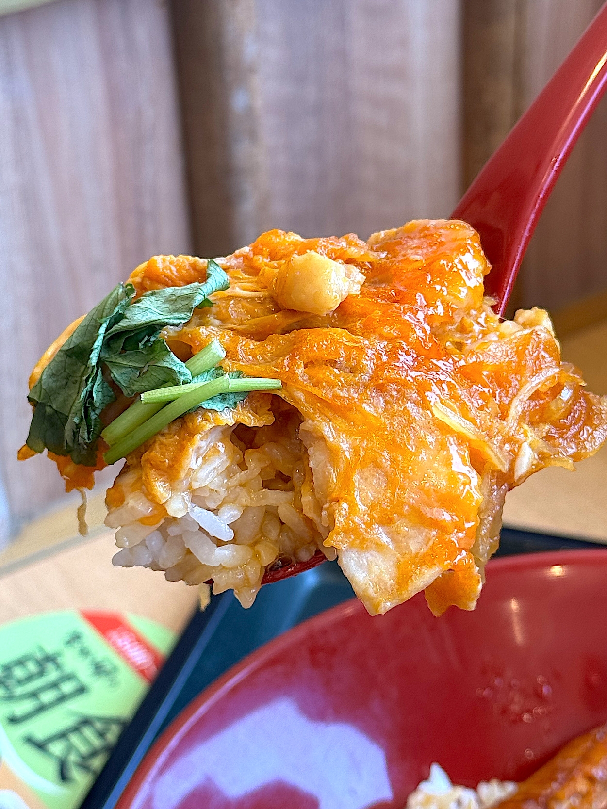 Close-up of a red spoon holding rice topped with a savory sauce and fresh greens
