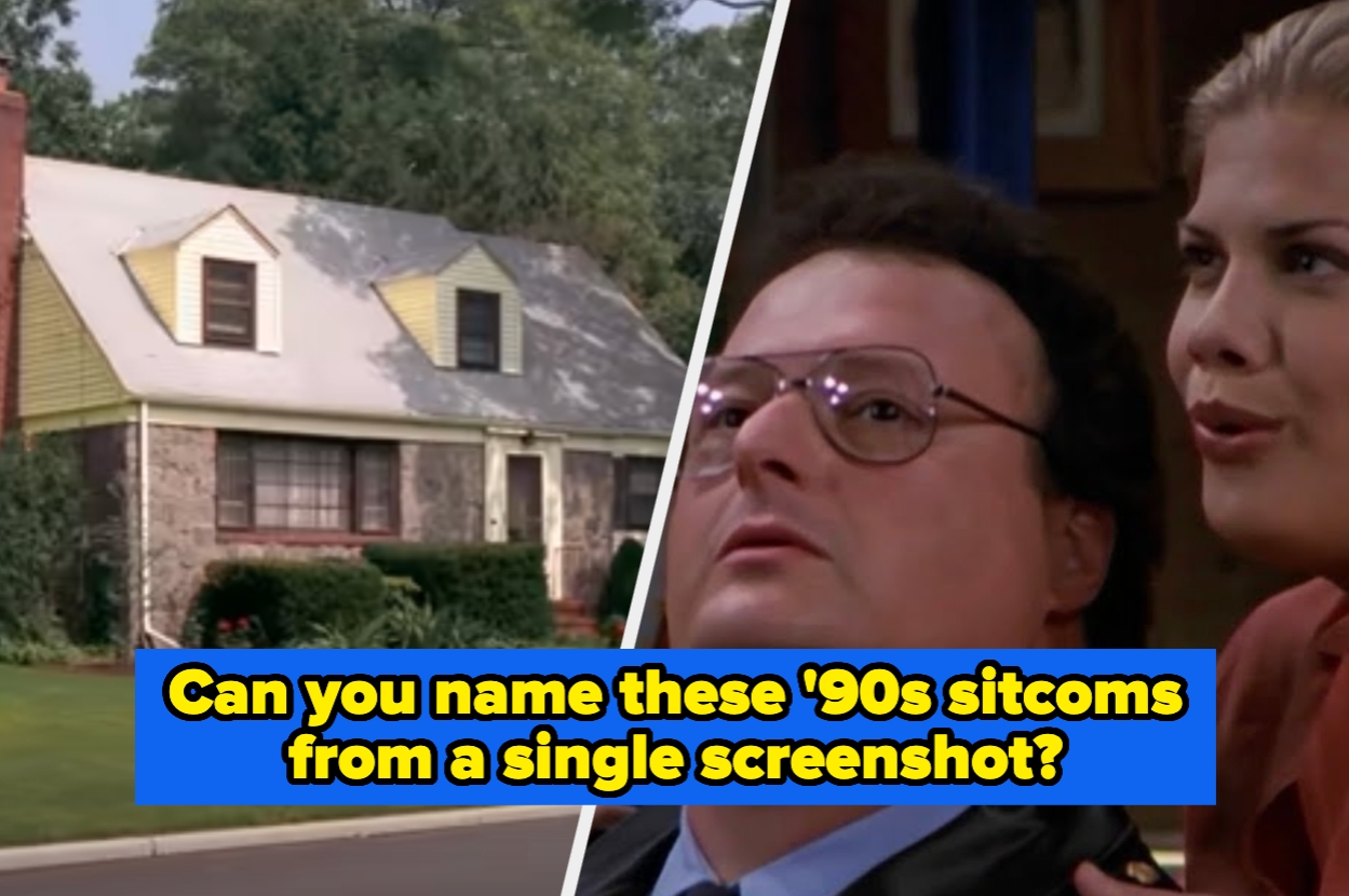 Split image: Left shows a suburban house; right shows a man and woman in a scene. Text asks about naming '90s sitcoms from one screenshot