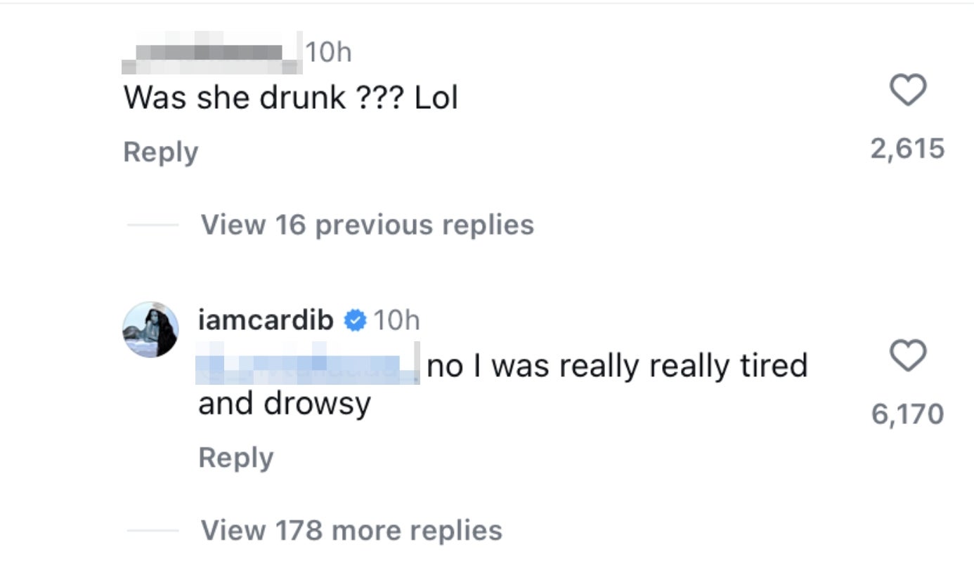 A comment asks if Cardi B was drunk; she replies clarifying that she was tired and drowsy
