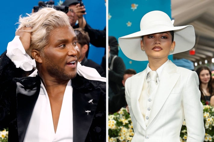 I don't know who these individuals are, but one wears a black tuxedo with a white shirt, and the other wears a white suit with a wide-brimmed hat