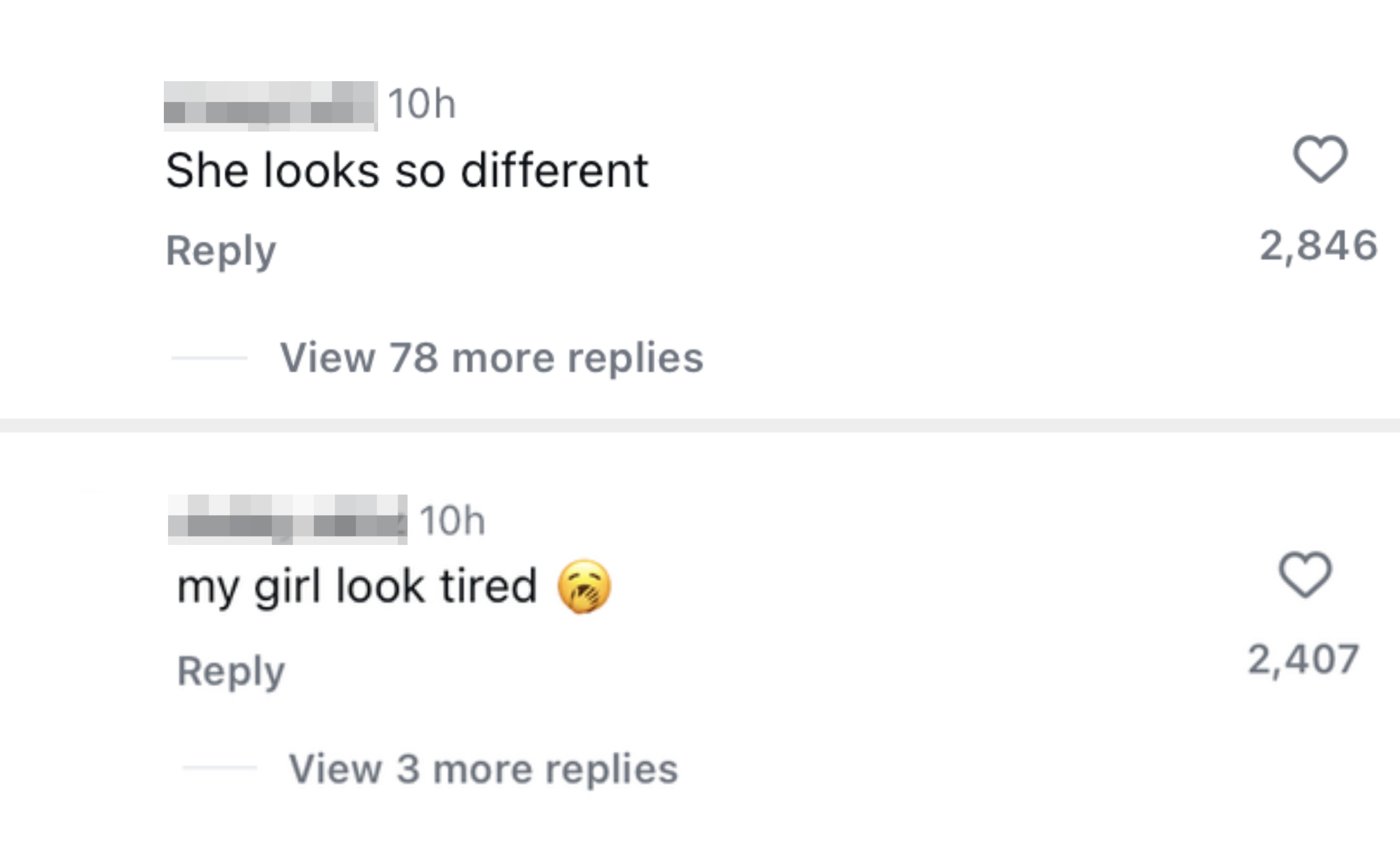 Two social media comments: "She looks so different" and "my girl look tired," with thousands of likes