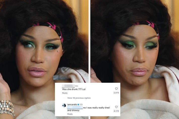 Two photos of Cardi B getting ready for the Met Gala, with a screenshot of her response to someone who questioned if she was drunk