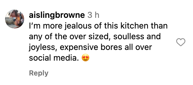 Comment expressing admiration for a kitchen, criticizing other luxurious but dull styles on social media