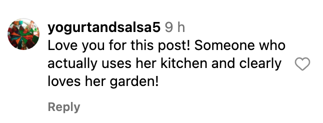 Comment praising a person for using their kitchen and loving their garden