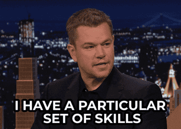A person on a talk show set says, "I have a particular set of skills."