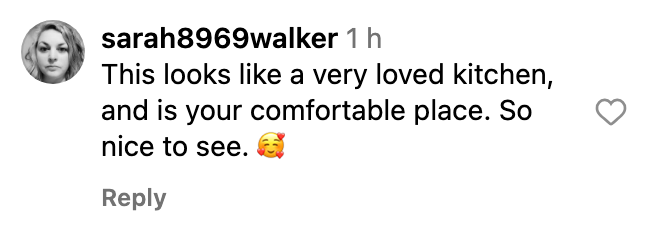 Comment expressing appreciation for a cozy kitchen, followed by a heart emoji