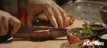Person slicing cooked meat next to herbs and vegetables, with #ChefMovie text in the corner