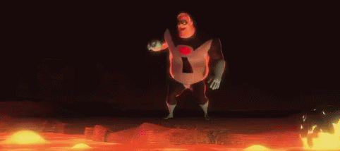 Animated superhero stands on lava, shaking fist in determination