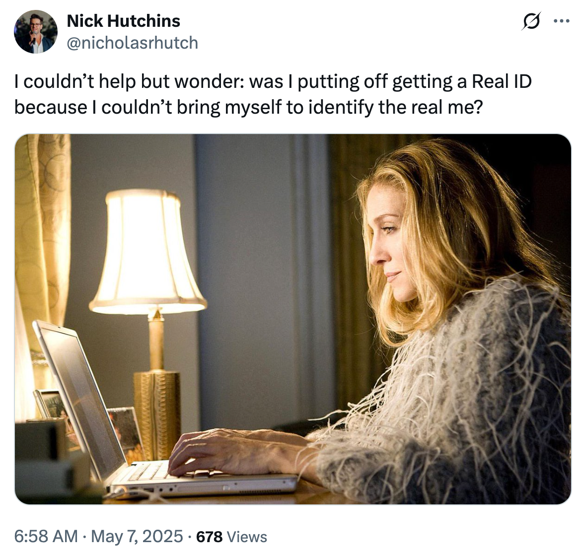 I couldn't help but wonder, was I putting off getting a real ID because I couldn't identify the real me? picture of sarah jessica parker as Carrie Bradshaw in Sex and the City