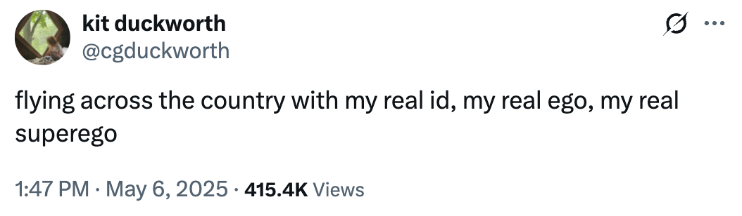 Tweet reads: "flying across the country with my real id, my real ego, my real superego"