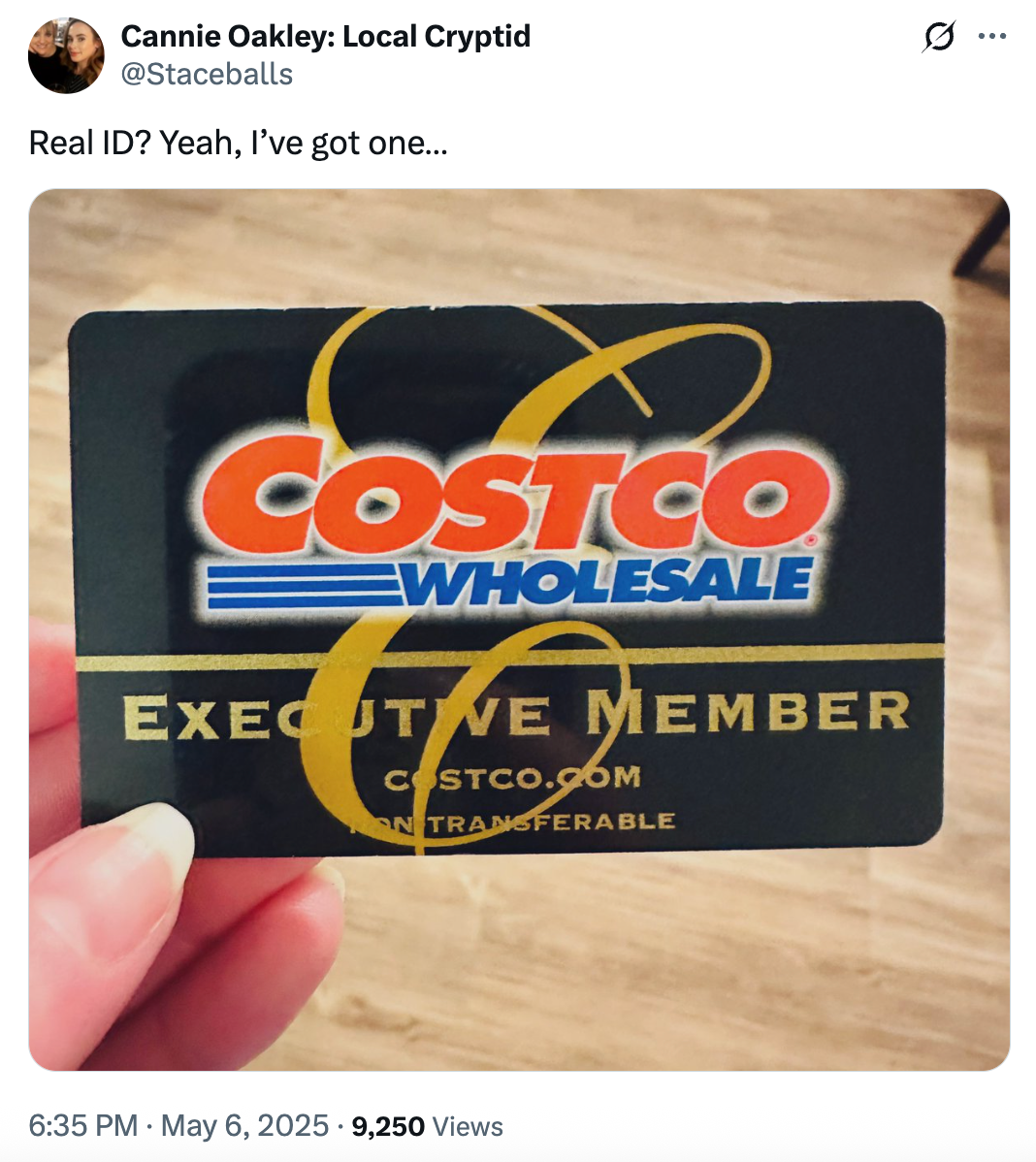 A person holds a Costco Executive Member card next to a tweet jokingly asking for a "real ID."