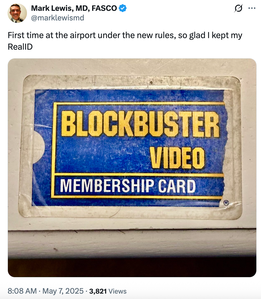 A tweet shows a Blockbuster Video membership card with the caption so glad I kept my Real ID card