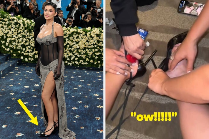 Left: Kylie Jenner at the Met Gala, with an arrow pointing at her shoes. Right: People adjusting Kylie's high heels. Text reads, "Ow!!!!!"