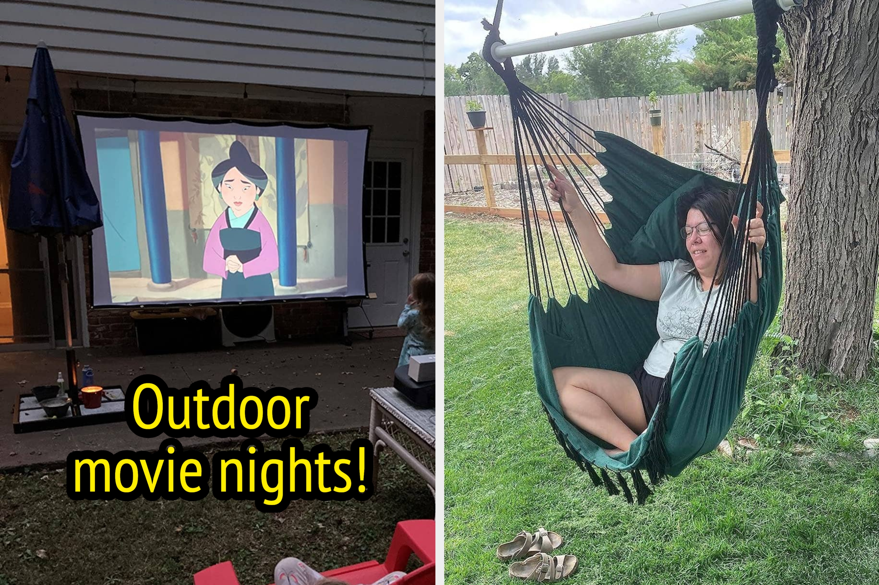 Left side shows an outdoor movie projector screen with a cartoon; Right side shows a person relaxing in a hammock chair under a tree