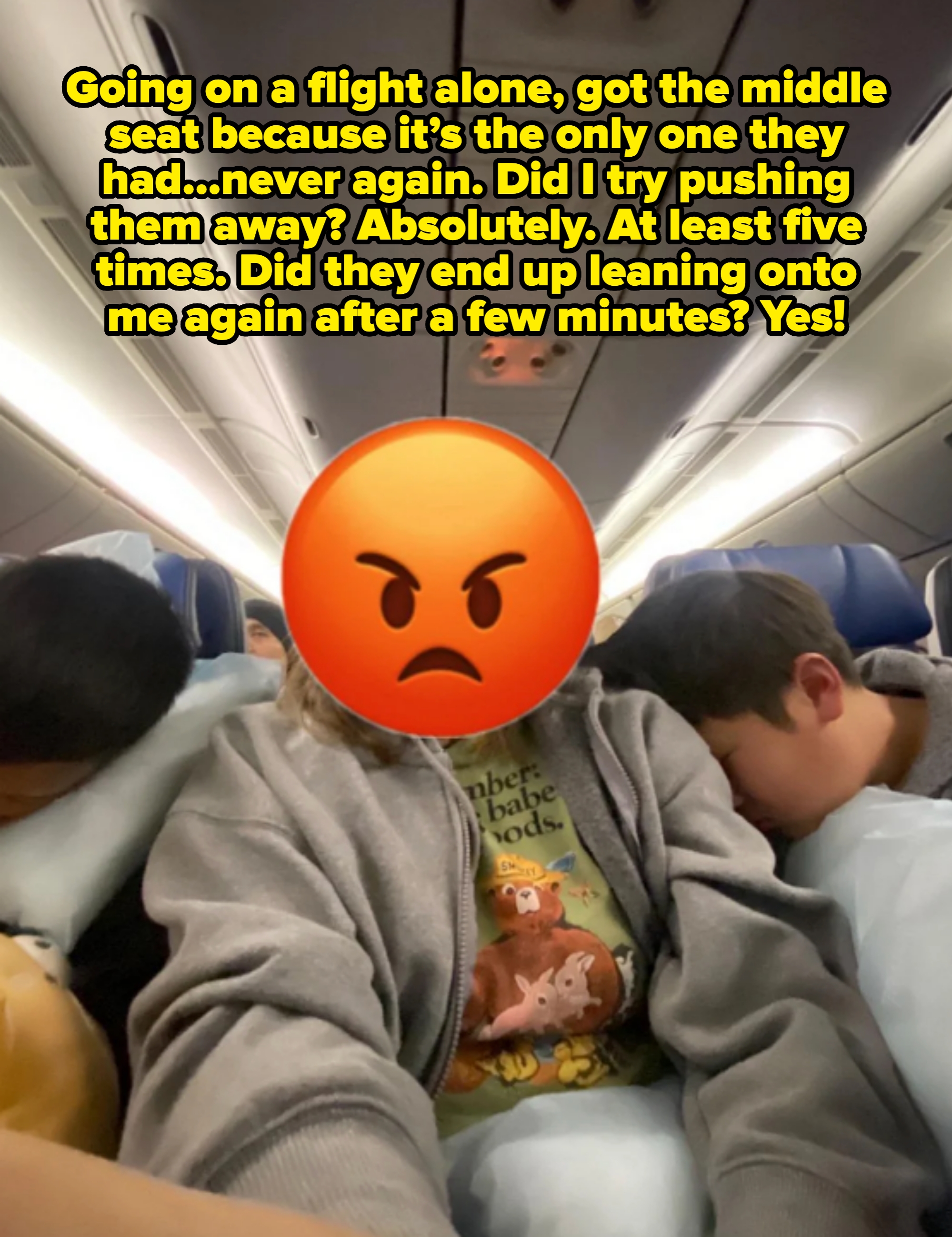 Person in middle seat on airplane with the people in the other two seats sleeping on the middle seat person&#x27;s shoulders. Caption: &quot;Going on a flight alone, got the middle seat because it’s the only one they had…never again&quot;