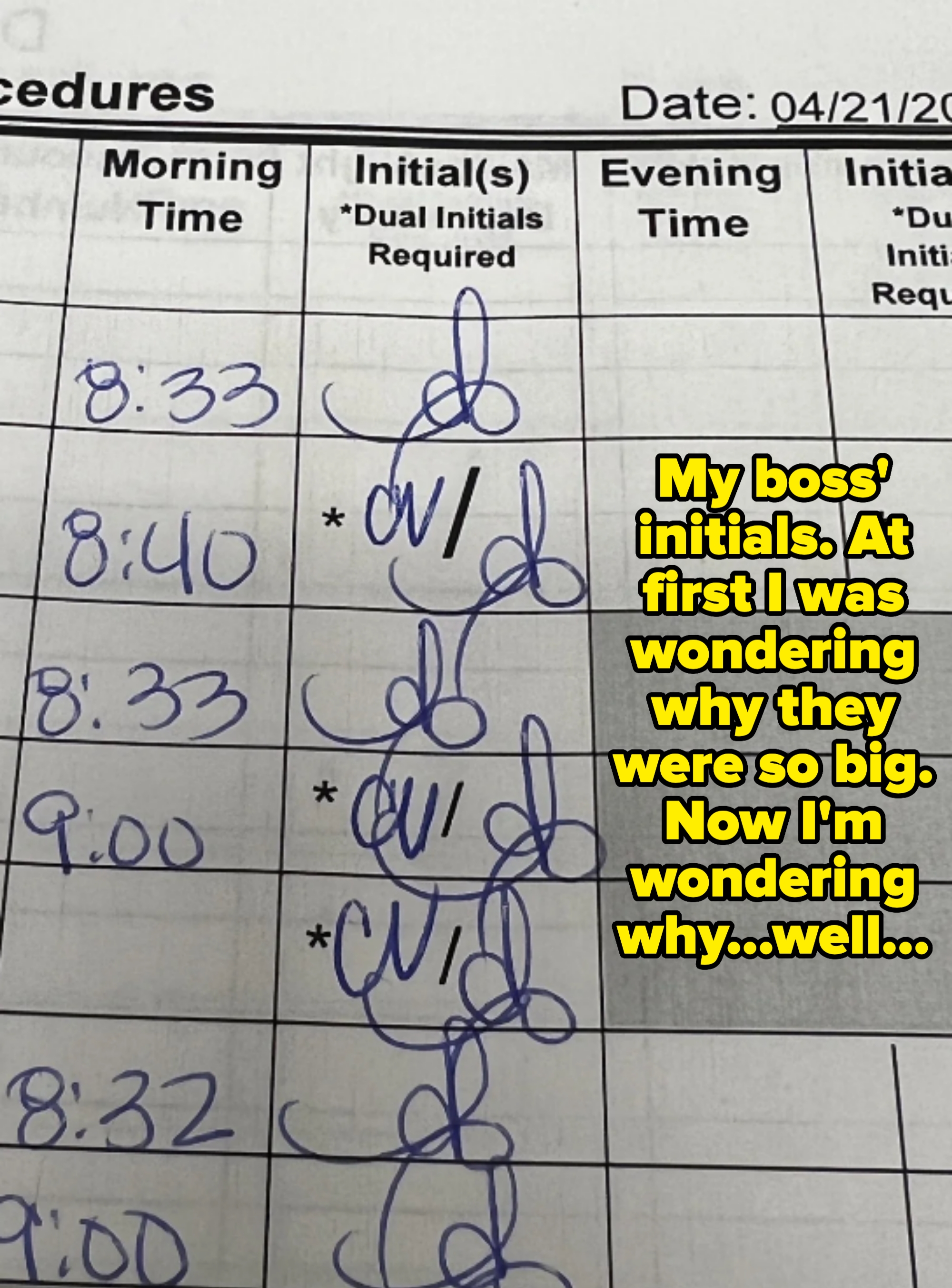 A log sheet with handwritten times and initials. The initials look phallic. Caption: "My boss' initials. At first I was wondering why they were so big. Now I’m wondering why…well…"