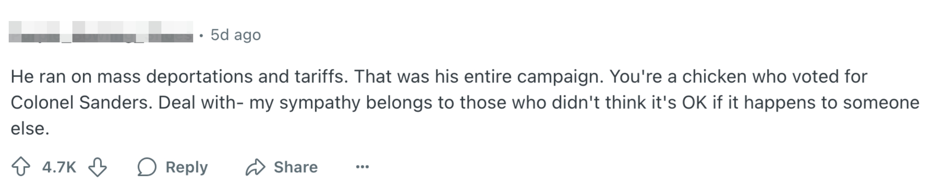 Comment criticizing a political campaign focused on deportations and tariffs, labeling supporters as hypocritical