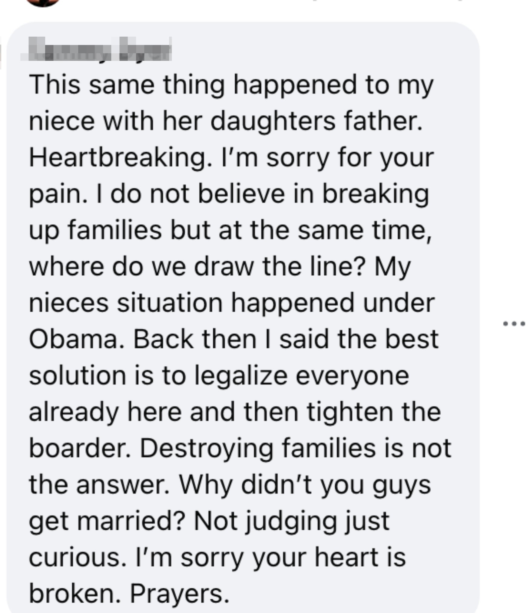 Comment discussing family separation and immigration, expressing sympathy and personal opinion, mentioning Obama and past immigration policies