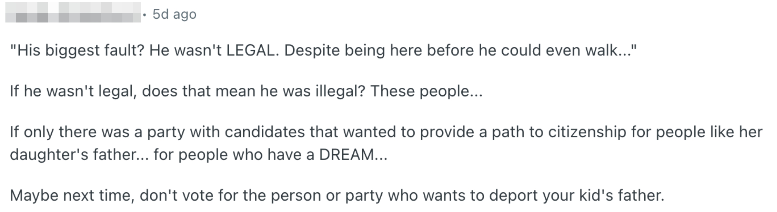 Summary of text: Discusses a person's ineligibility for legal status, their impact on family, and voting for those supporting paths to citizenship