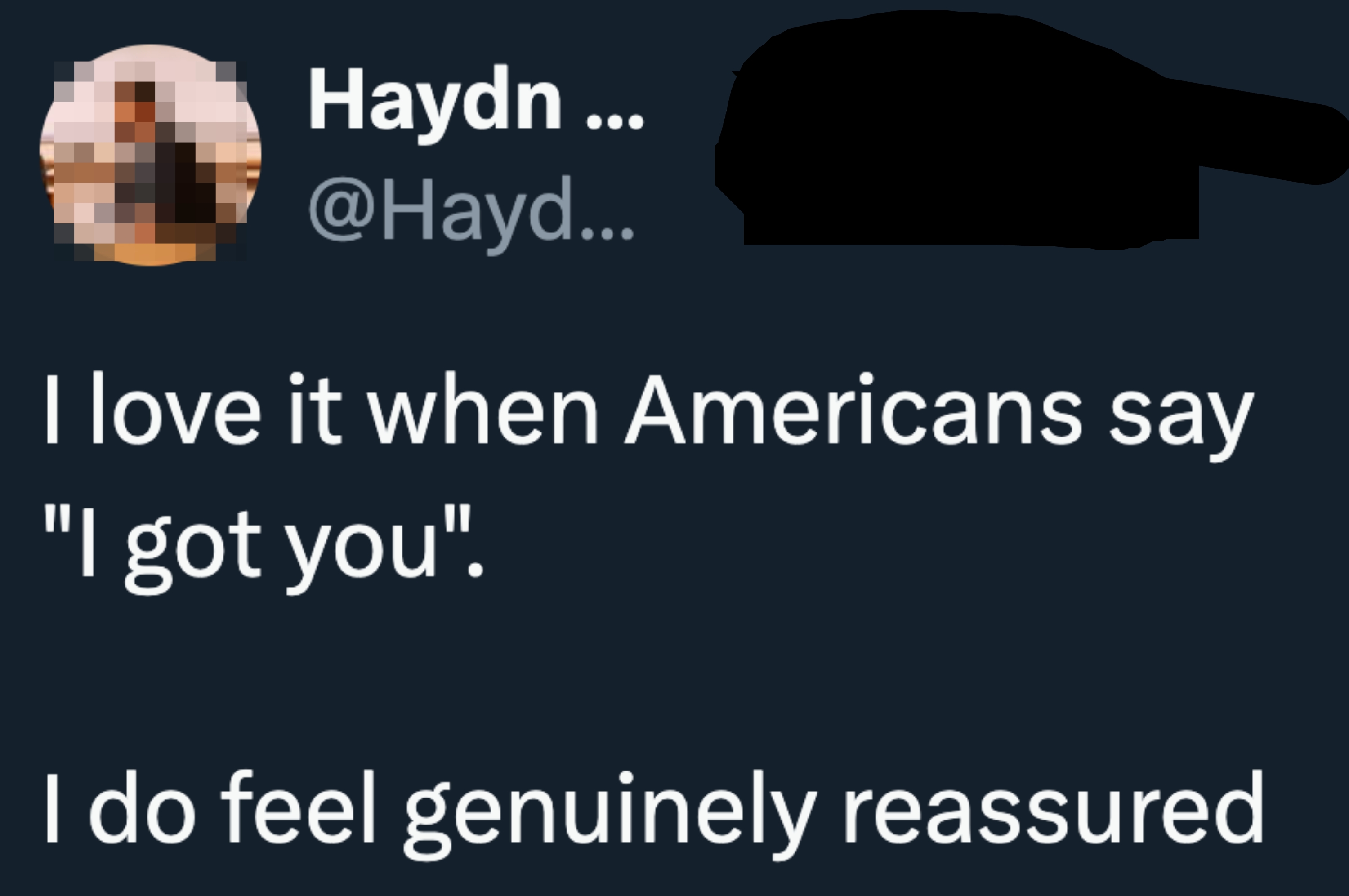 Twitter post by user Haydn: "I love it when Americans say 'I got you'. I do feel genuinely reassured."