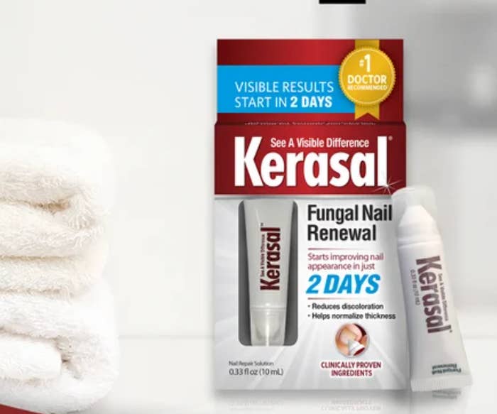 Kerasal Fungal Nail Renewal packaging with disposable   results successful  2 days claim, emphasizing simplification  of discoloration and normalization of nail thickness