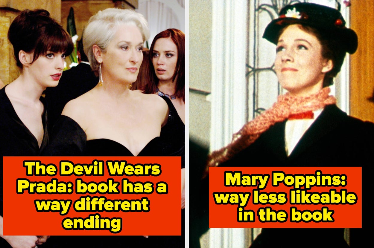 Split image: Left, "The Devil Wears Prada" film scenes; Right, Mary Poppins from the film. Text: "Books have different endings/characters."