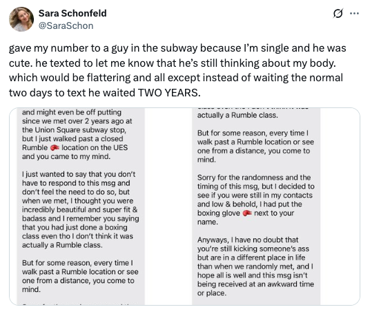 Text exchange where a person shares they gave their number to a man who took two years to text back, noting the humorous delay and context