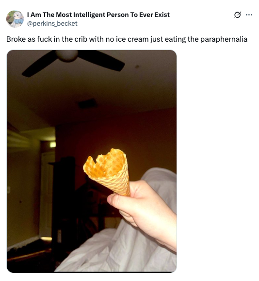 A person in bed holding an ice cream cone without ice cream, with a caption about being broke and eating paraphernalia