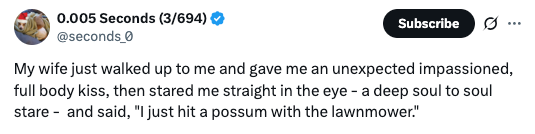 Tweet about an unexpected kiss followed by confession of hitting a possum with a lawnmower