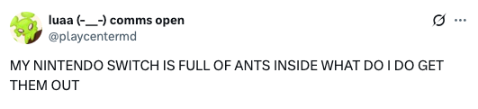 Tweet by user @playcentermd asking for help with a Nintendo Switch infested by ants