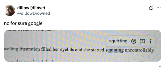 Tweet with text highlighting software suggestion error: &quot;squirting&quot; instead of &quot;squinting.&quot;