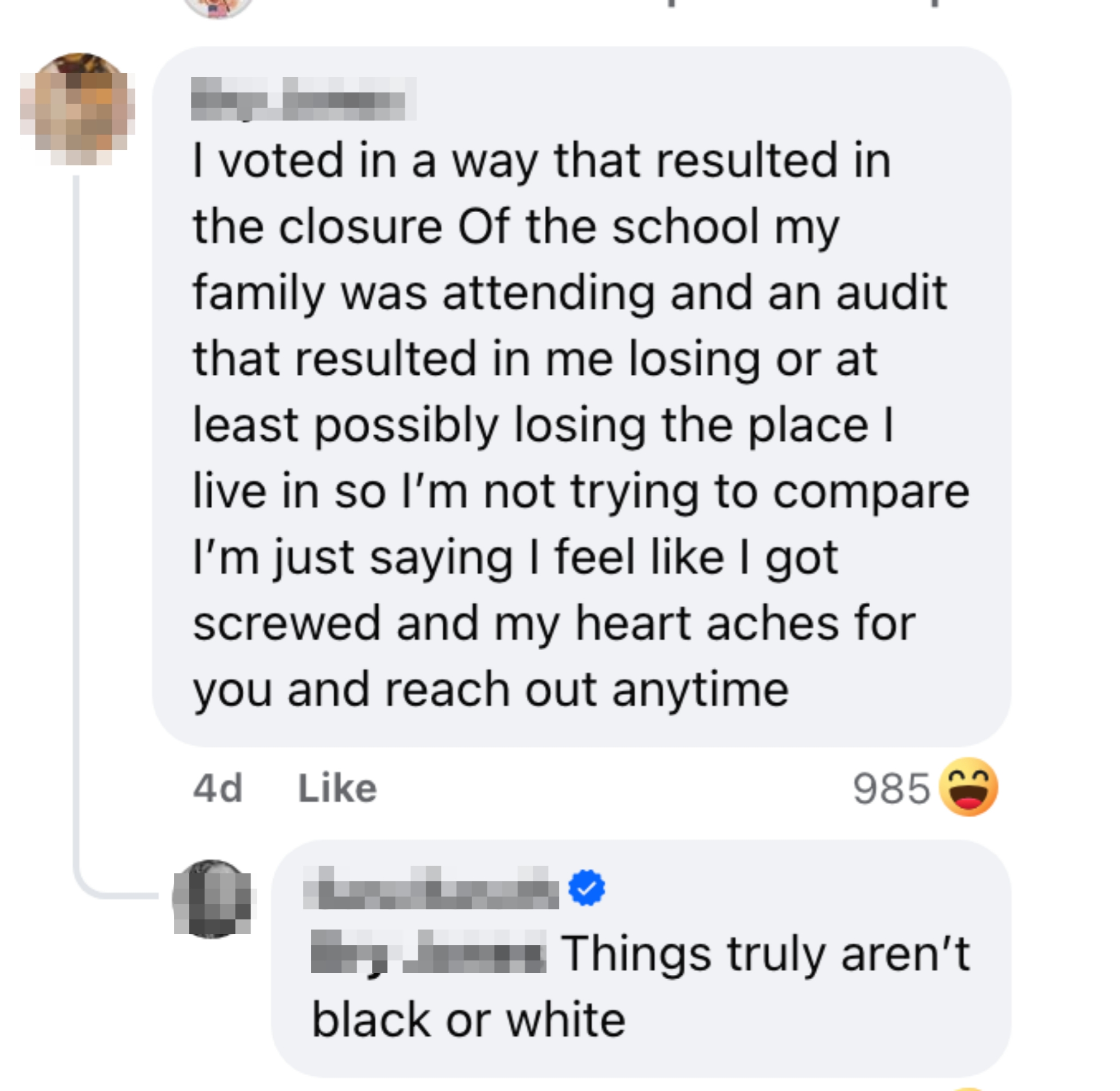 Bry Jones shares feeling wronged after a school closure and audit, expressing heartache. Sara Baruth responds, saying things aren't black or white