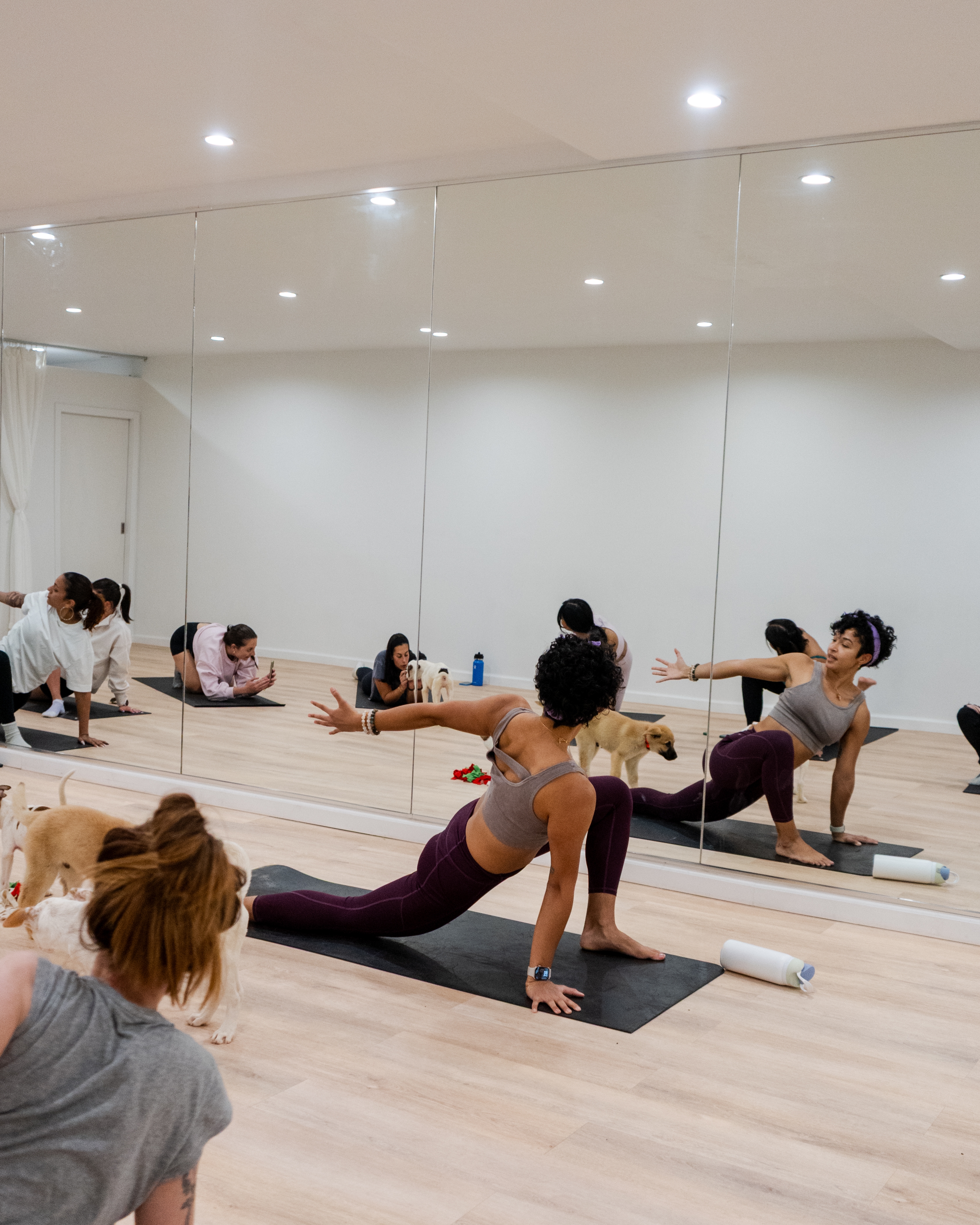 People practicing yoga in a mirrored studio, one person in the forefront in a lunging pose, guiding the group with extended arms
