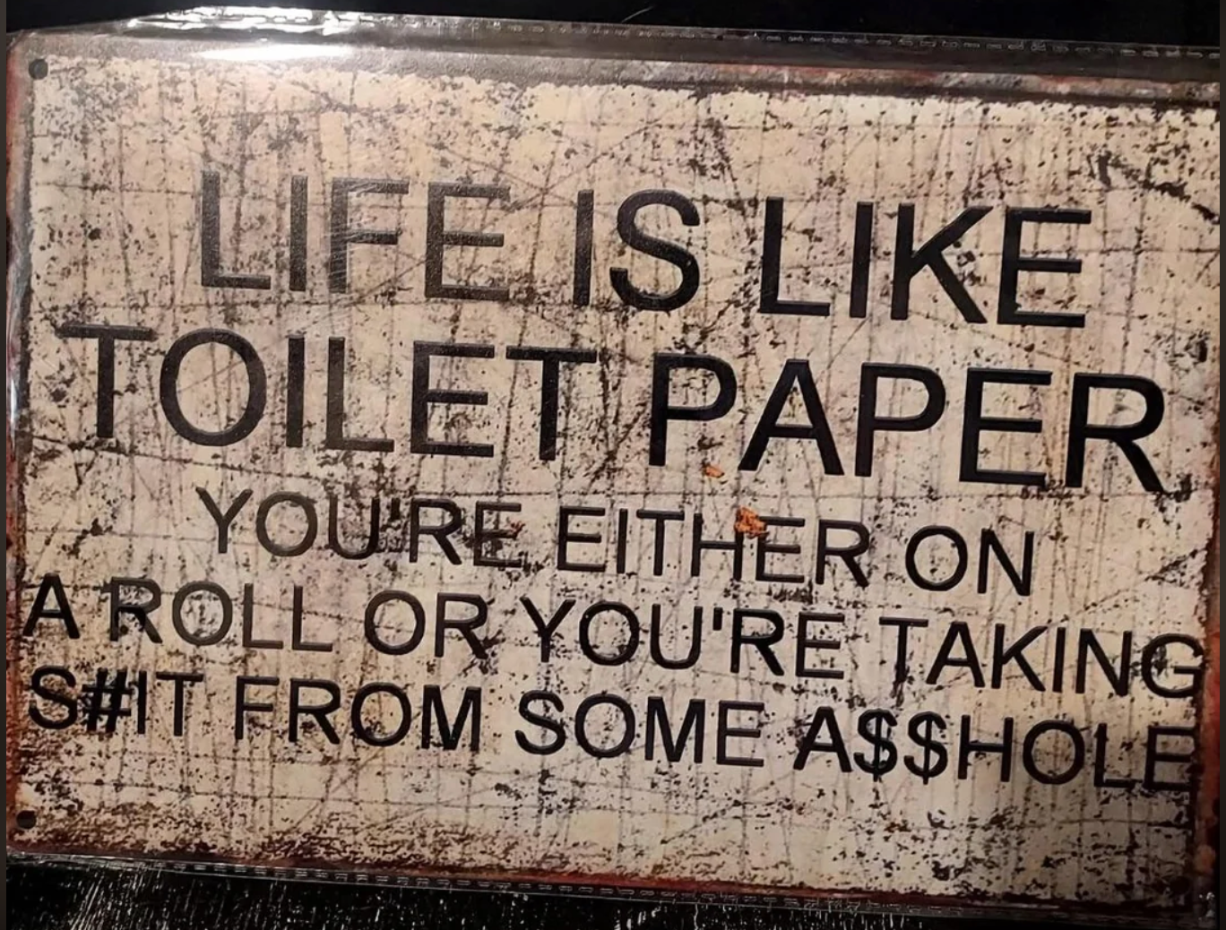 Sign reads: "Life is like toilet paper: You're either on a roll or you're taking sh#t from some a$$hole."