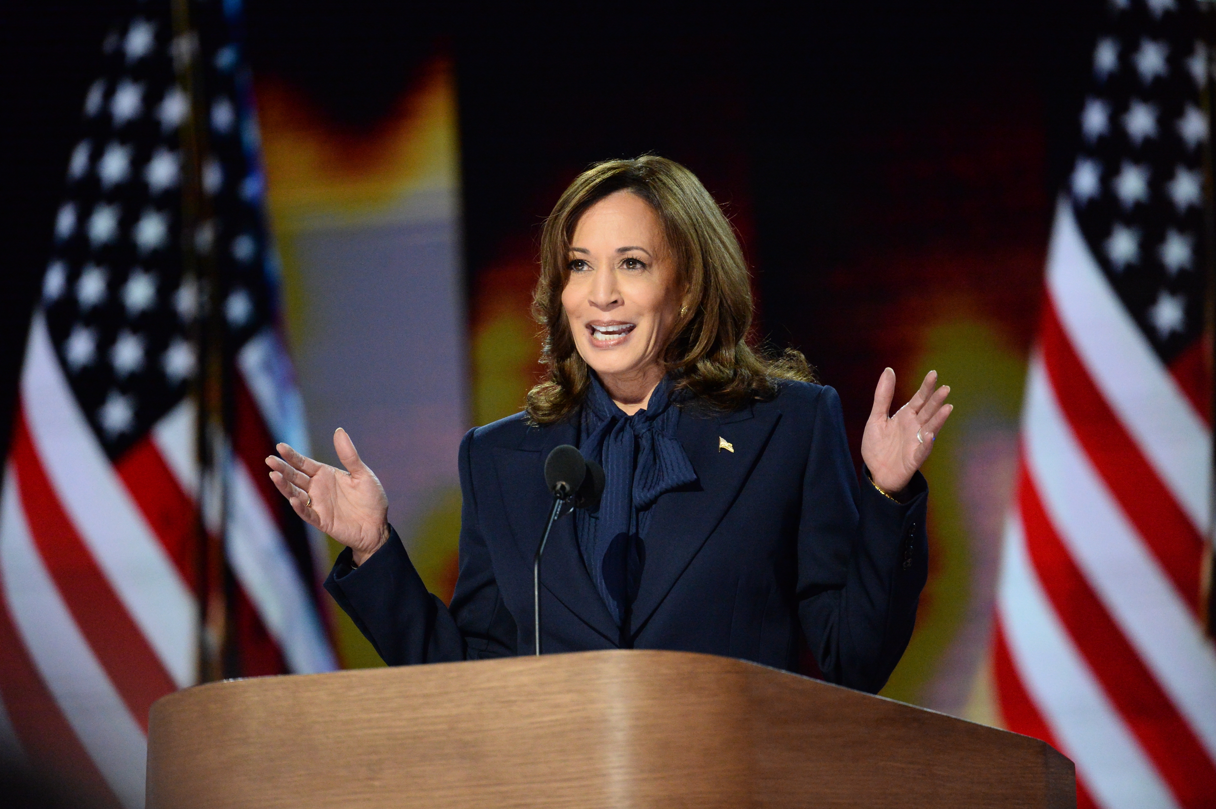 US Vice President Kamala Harris speaks during the Democratic National Convention