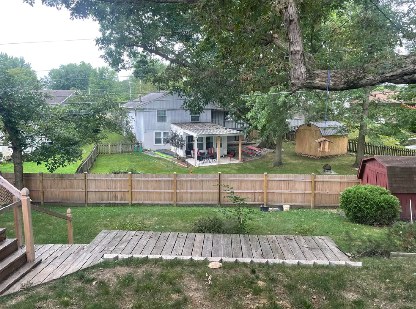 A screenshot of a Reddit post by user "nenesgarden" showcasing a backyard with a wooden fence and greenery, viewed from a house window