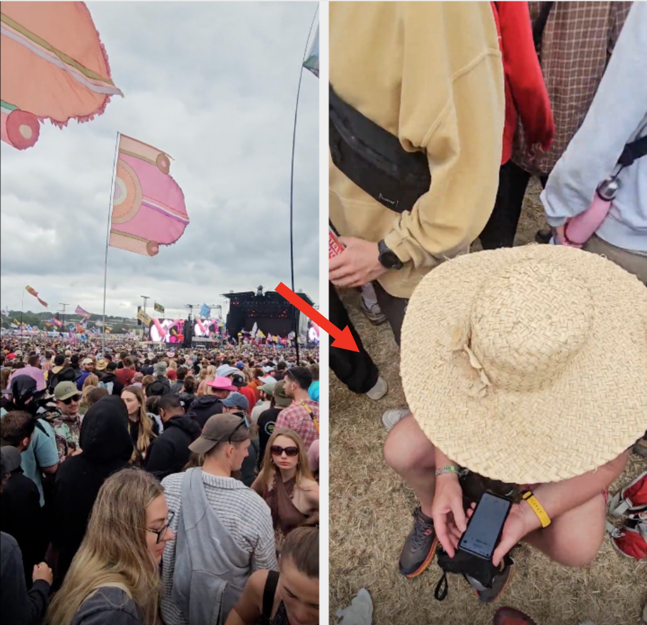 Crowd at a lively outdoor festival with flags and stage; person in straw hat looks at phone, surrounded by other festival-goers