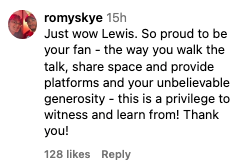 Comment praising Lewis for generosity, sharing space, providing platforms, and being an inspiring figure