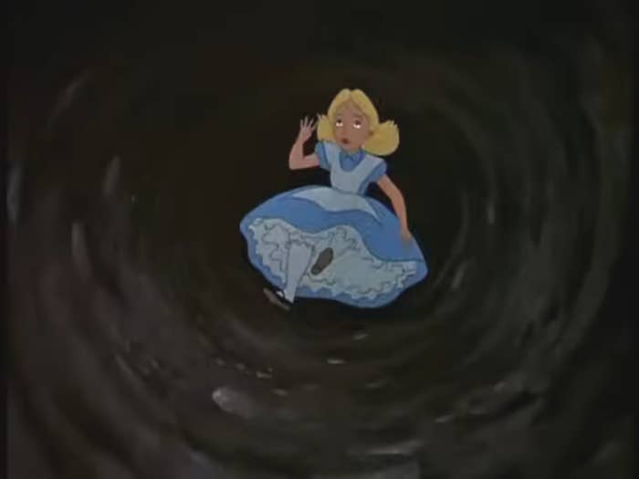 Animated quality  Alice falling down   a acheronian  tunnel, looking surprised, with her formal  billowing upward