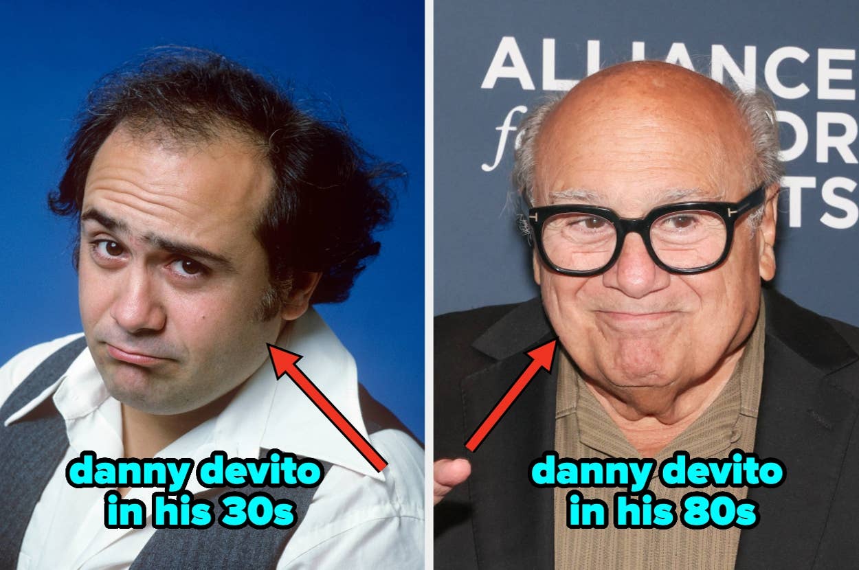 Two side-by-side images of the same man, Danny DeVito, in his 30s and 80s. Both images have humorous text indicating his age