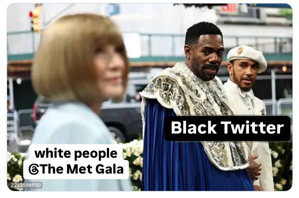 Meme showing reactions of two people at an event, labeled "white people @The Met Gala" and "Black Twitter," humorously contrasting responses
