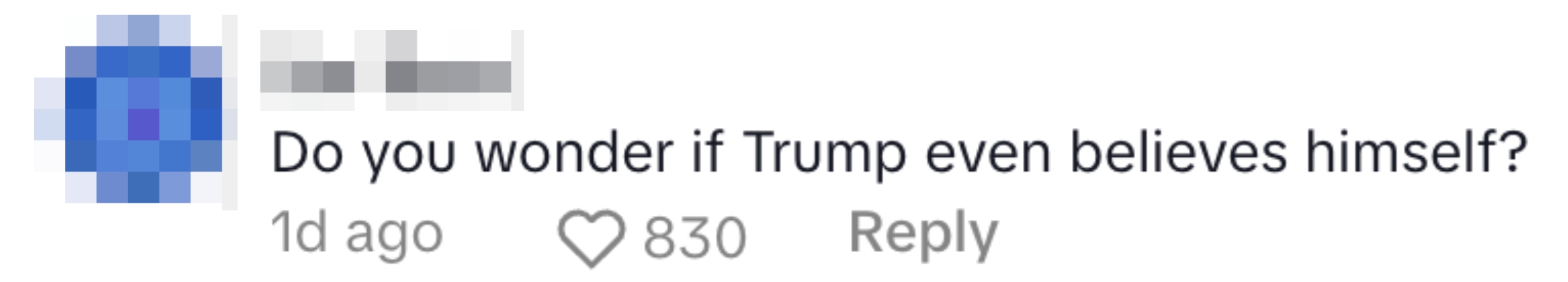 Comment questioning if Trump believes his own statements, posted 1 day ago with 830 likes