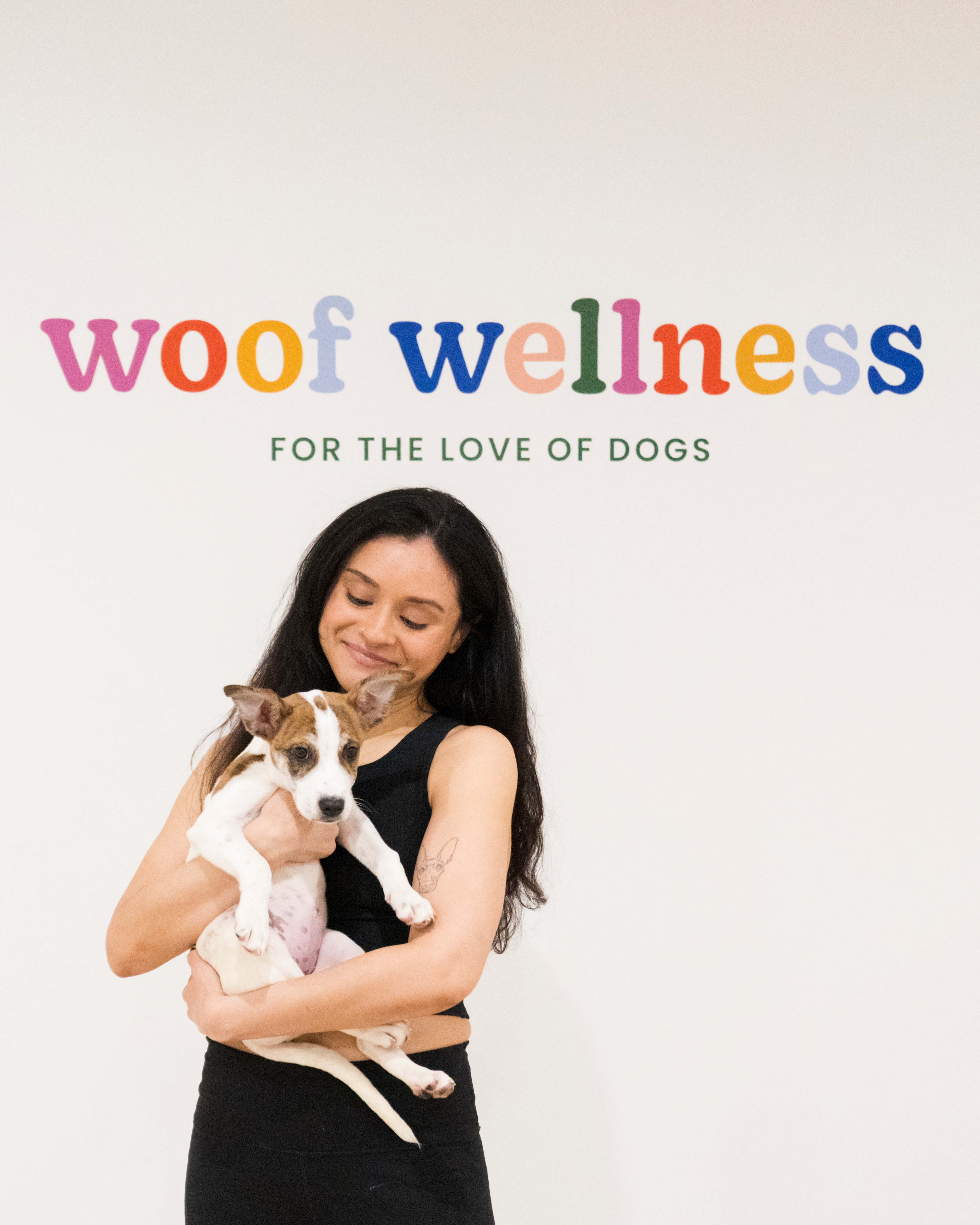 A person holds a relaxed dog in front of a wall with the text "woof wellness for the love of dogs."