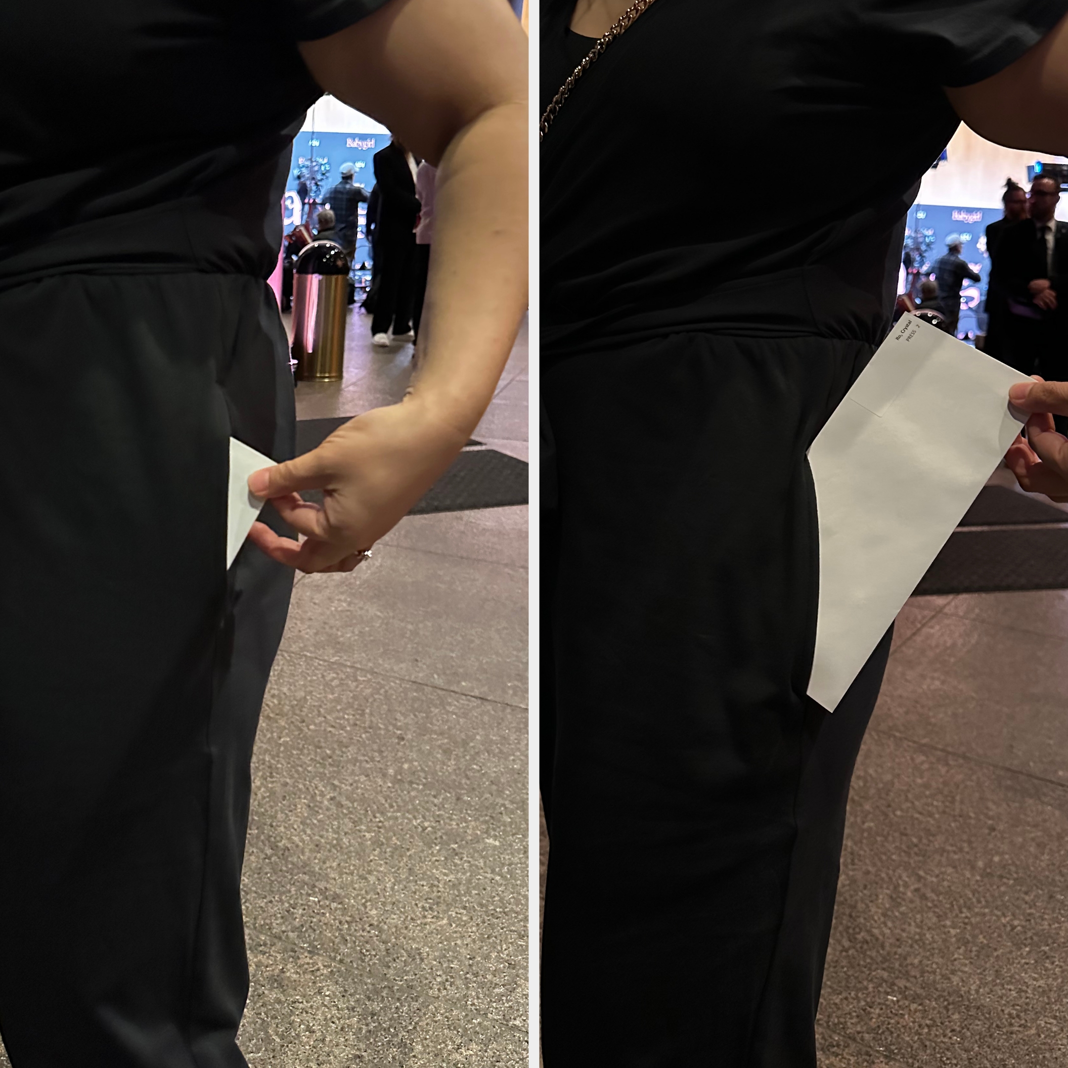 Person discovers a hidden pocket in a formal dress, revealing a modern twist on classic attire