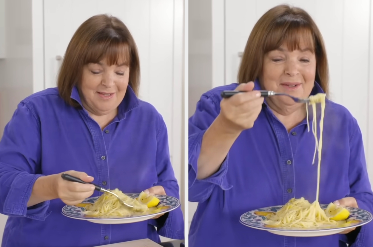 Ina Garten in a kitchen enjoys serving and eating a plate of spaghetti with lemon slices, demonstrating a simple pasta dish preparation