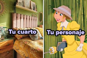 Imagen dividida: izquierda, dormitorio con decoración cálida; derecha, personaje animado vestido de amarillo sosteniendo un libro. Texto: "Tu cuarto" y "Tu personaje"