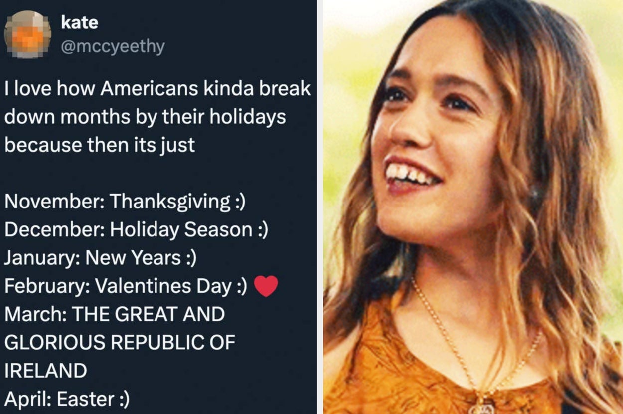 Split image: Left, a tweet humorously lists holidays by month. Right, a person smiling in casual wear