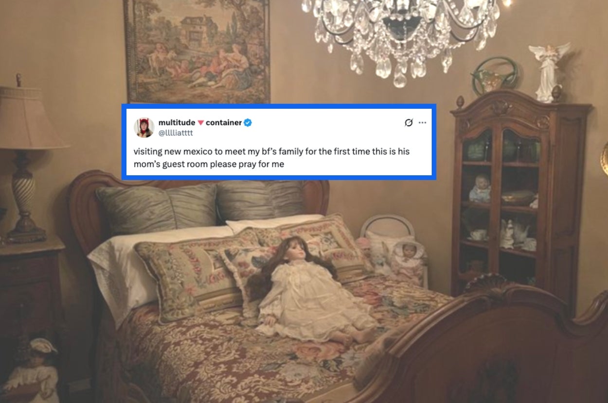 A guest room with vintage decor, featuring a doll on the bed. Overlaid tweet humorously requests prayers before meeting a boyfriend's family